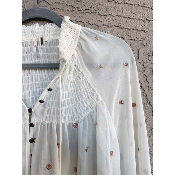 FREE PEOPLE Sheer Cream Metallic Gold Clip Dot Smocked Oversized Tunic Blouse - Picture 9 of 17
